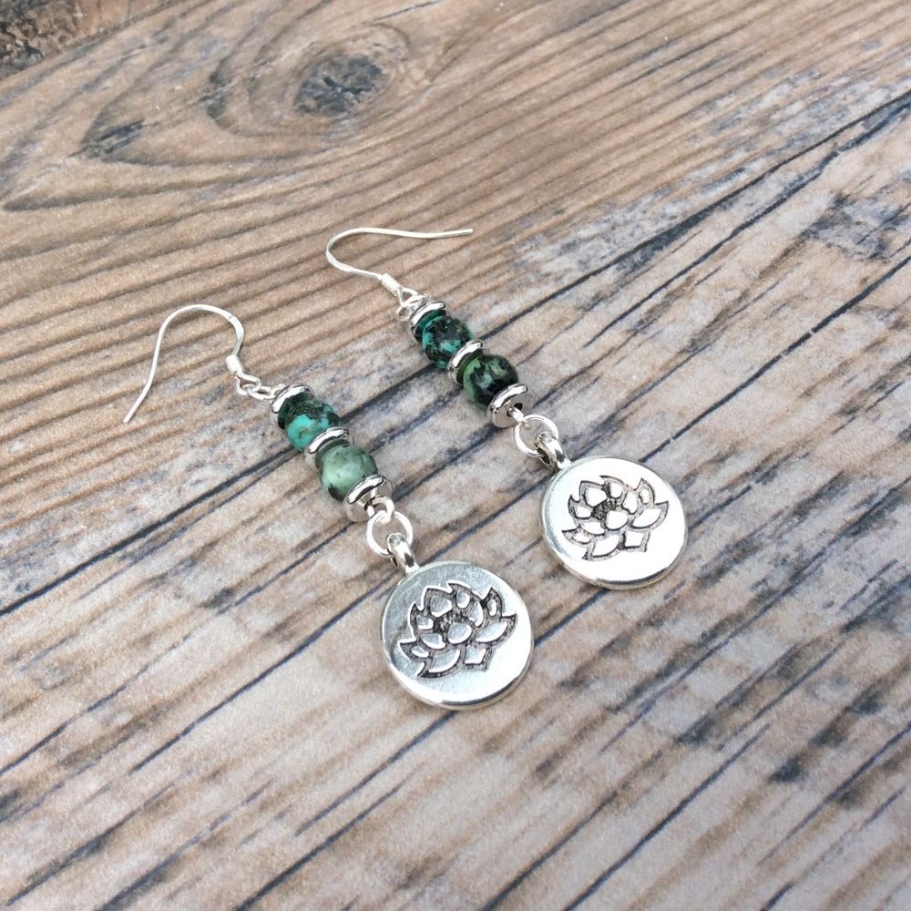 Lotus earrings with African Turquoise, healing jewelry, sterling silver